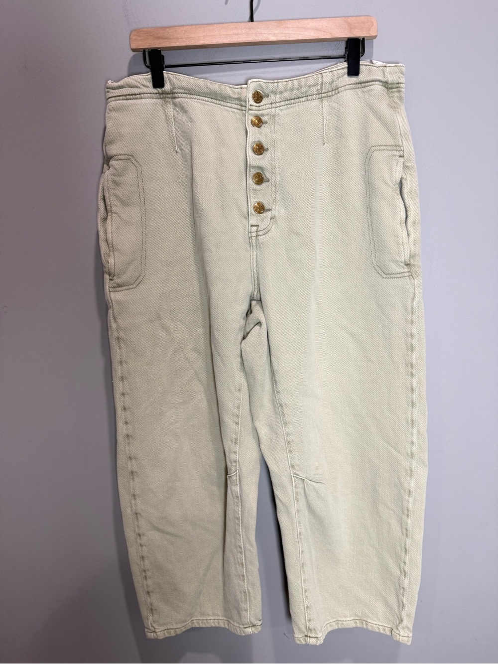 Free People We The Free Osaka Mid Rise Barrel Jeans 32 Sage Green